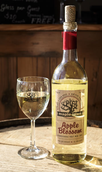 Bottle and glass of Maple Lawn Winery Apple Blossom Wine - Maple Lawn Farms (York County, PA)